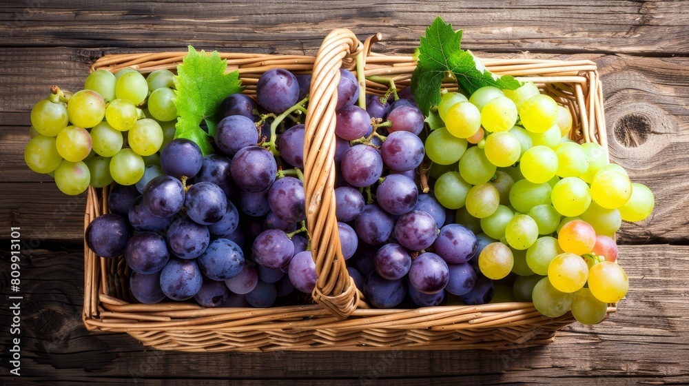 Overhead view of colorful grapes in a wicker basket - symbolic of autumn harvest and seasonal bounty Overhead view of colorful grapes in a wicker basket - symbolic of autumn harvest and seasonal bounty