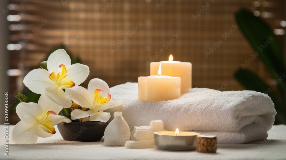 Craft a serene spa scene with candles towels and flowers laid out to promote a special package on stress relief and holistic wellbeing. Craft a serene spa scene with candles towels and flowers laid out to promote a special package on stress relief and holistic wellbeing.
