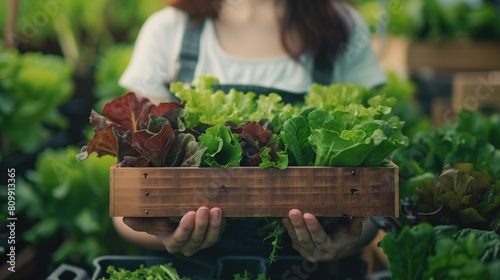Women carrying wooden box of salad vegetables produce in hydroponics greenhouse, generative ai