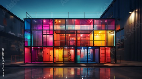 An industrial office building covered in saturated colors. photo