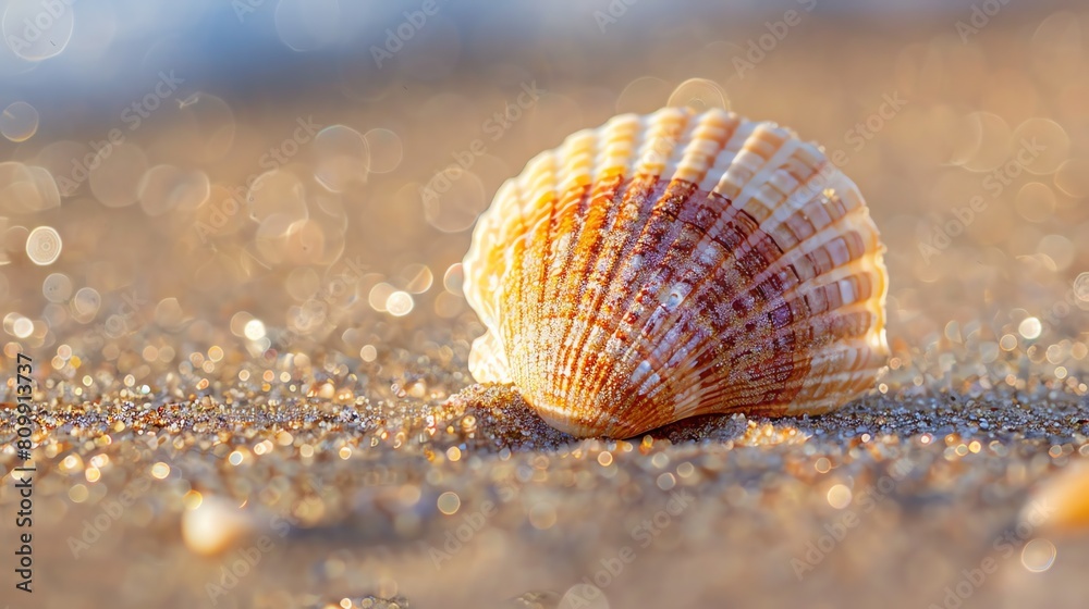 The seashell is sitting on the beach with the ocean in the background. The sun is shining on the shell, making it glisten. The seashell is sitting on the beach with the ocean in the background. The sun is shining on the shell, making it glisten.