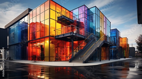 An industrial office building covered in saturated colors.