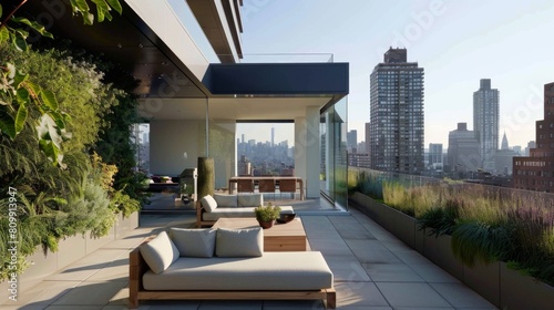 A minimalist rooftop terrace with sleek outdoor furniture, lush greenery, and panoramic views of the city skyline.