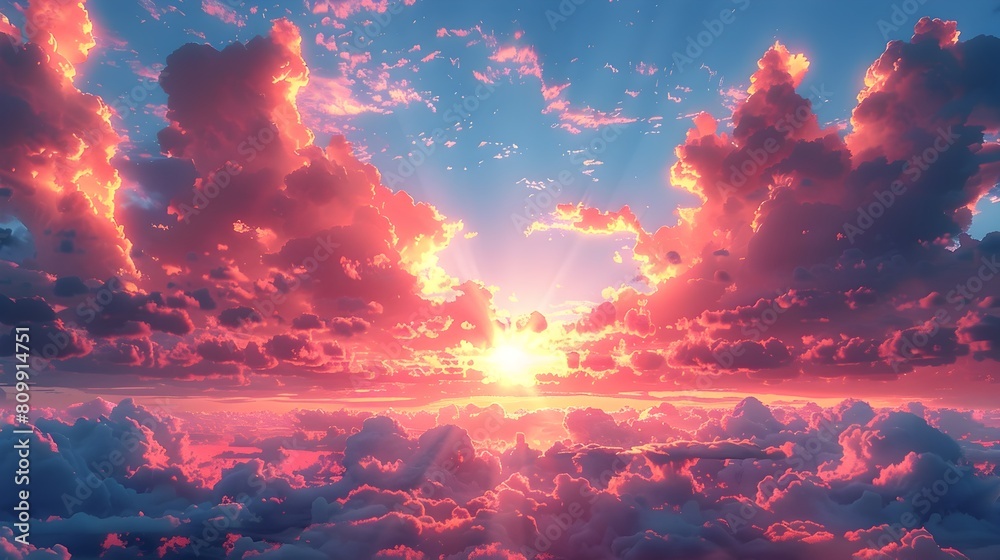 Breathtaking Sunset Serenity:Anime-Inspired Cloudscape in Vibrant Hues of Maroon and Blue