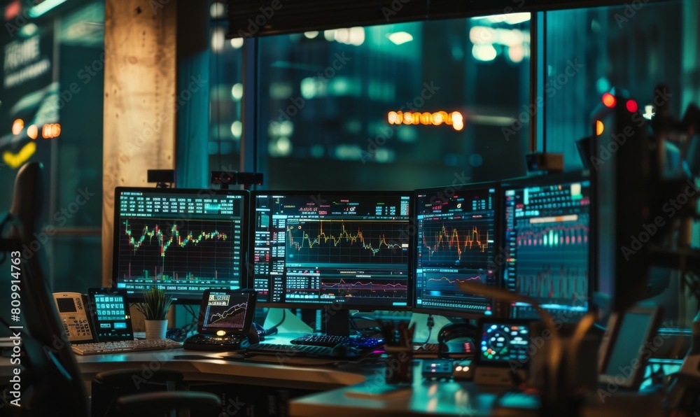 The image shows a person sitting at a desk in a dark room The image shows a person sitting at a desk in a dark room