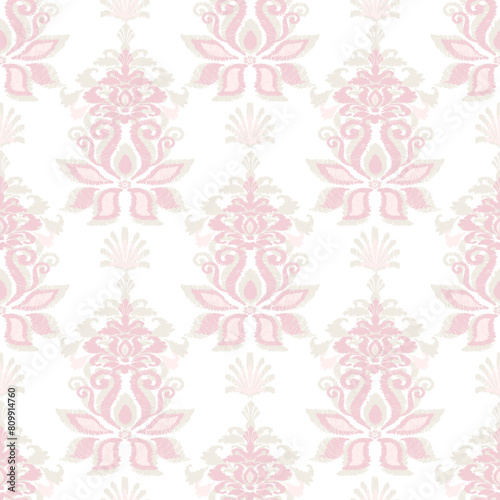  Ikat floral damask embroidery white pink background.Ikat ethnic oriental seamless pattern traditional.Aztec style abstract vector illustration.design for texture,fabric,clothing,wrapping,decoration.