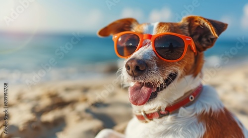 Dog wearing glasses sitting on the beach . Generative AI