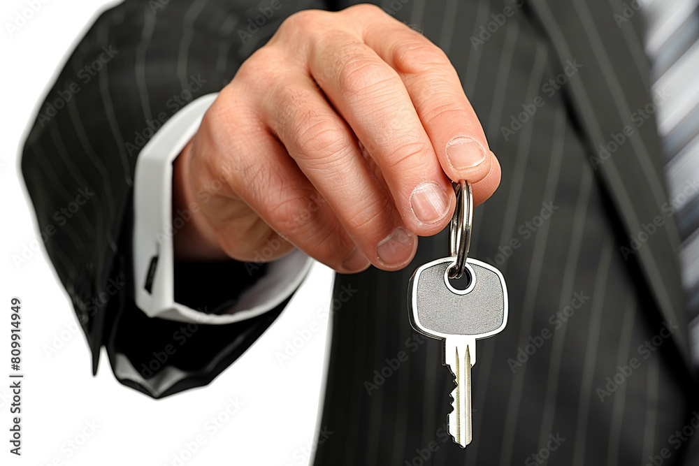 A professional-looking person smiles as they hold a key to a new home, dream of financial independence. A professional-looking person smiles as they hold a key to a new home, dream of financial independence.