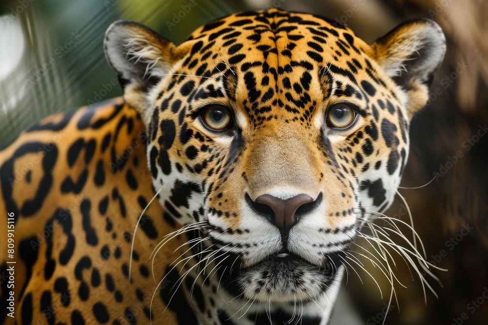 Fototapeta premium Jaguar face, close up of a jaguar, Taking close up of a Leopard Portrait Terror of the Jungle an Aggressive, Ai generated