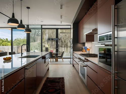 modern kitchen interior with window glass