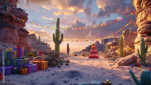 A sandy desert party at dusk, with a cactus-shaped cake, southwestern-style presents, and colorful bunting strung between rock formations photo