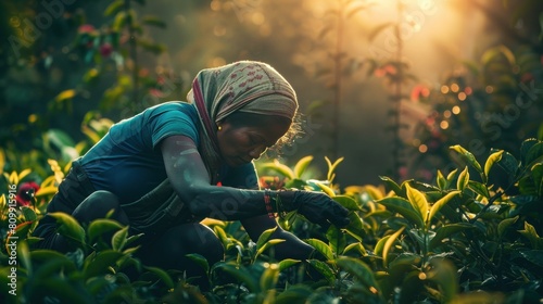 Tamil pickers plucking tea leaves on plantation photo