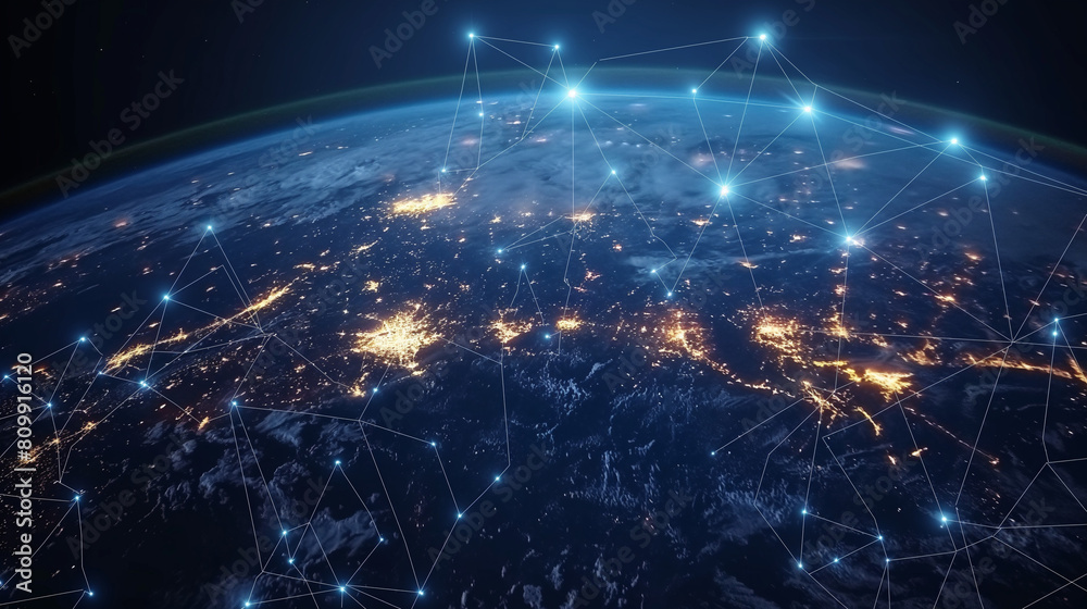 Global world telecommunication network connected around planet Earth, concept about internet and worldwide communication technology for finance, blockchain cryptocurrency or IoT,