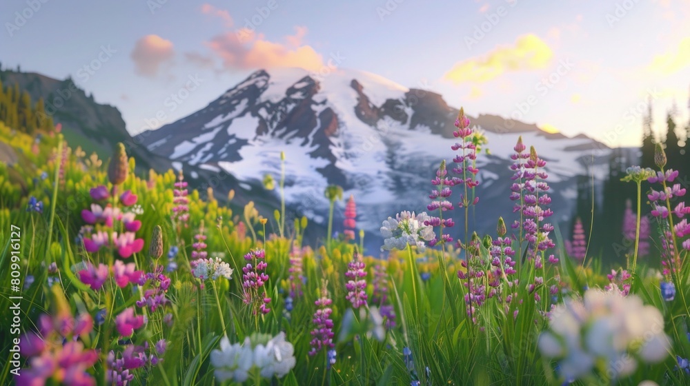 Obraz premium USA, Washington, Mount Rainier National Park, Mt. Rainier and flower m