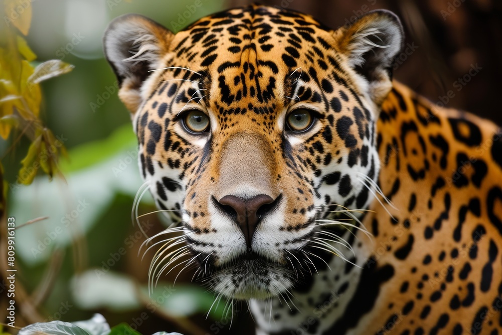 Fototapeta premium Jaguar face, close up of a jaguar, Taking close up of a Leopard Portrait Terror of the Jungle an Aggressive, Ai generated