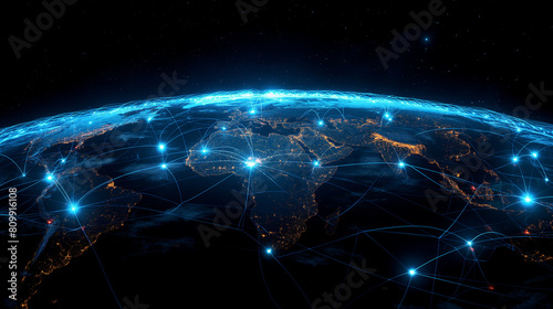 Global world telecommunication network connected around planet Earth, concept about internet and worldwide communication technology for finance, blockchain cryptocurrency or IoT, © Wasin Arsasoi