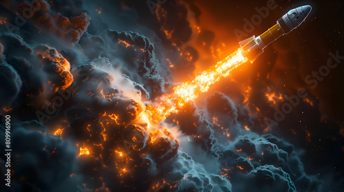 Satellite being launched into orbit by a rocket isolated on white background, png 