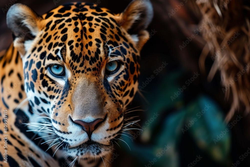 Obraz premium Jaguar face, close up of a jaguar, Taking close up of a Leopard Portrait Terror of the Jungle an Aggressive, Ai generated
