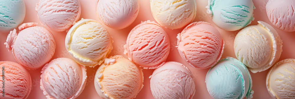 Multiple scoops of pastel-colored ice cream in different flavors arranged on a light pink background. Design for website, poster, banner. Multiple scoops of pastel-colored ice cream in different flavors arranged on a light pink background. Design for website, poster, banner.