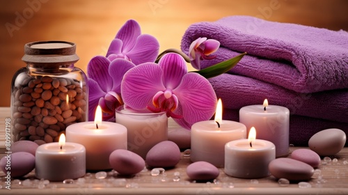 Create a soothing spa banner for a wellness center featuring candles towels and flowers aimed at enhancing relaxation and promoting a healthy lifestyle.