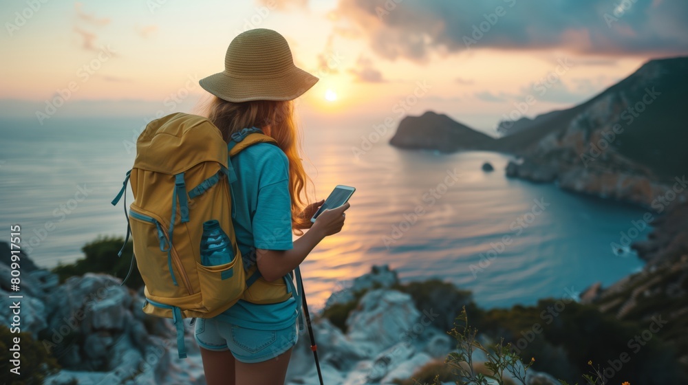 Obraz premium Backpacker using her phone in remote area Generative AI