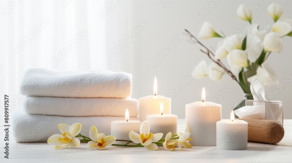Create a tranquil spa banner featuring rolled towels flickering candles and scattered flowers evoking a serene atmosphere for relaxation and wellness. Create a tranquil spa banner featuring rolled towels flickering candles and scattered flowers evoking a serene atmosphere for relaxation and wellness.