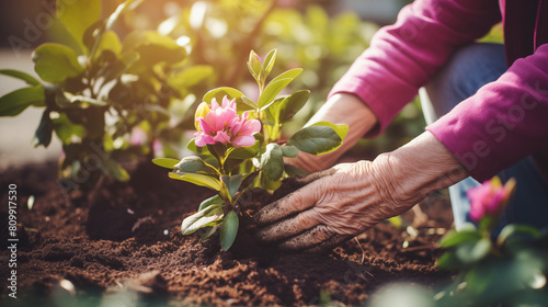 A close-up view depicts an elderly woman tenderly planting pink flowers into the soil, embodying the timeless connection between humans and nature. Blurred background, soft bokeh. photo