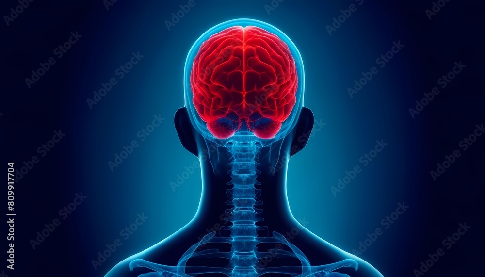 X-ray illustration of a human head showcasing brain inflammation, Concept of neurological disorders and brain health X-ray illustration of a human head showcasing brain inflammation, Concept of neurological disorders and brain health