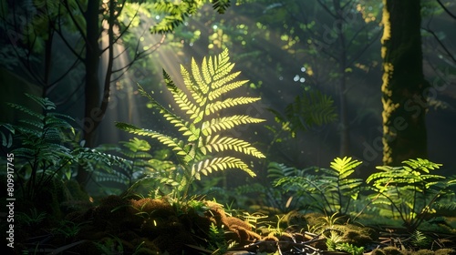 A singular fern frond illuminated by a shaft of sunlight in a shaded grove. Ratio