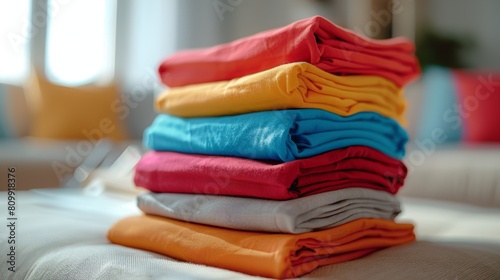 Vibrant colorful stack of folded clothes adding a splash of color to a modern home decor