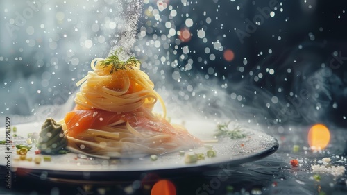 Incredible beautiful pasta glistening soy sauce photo