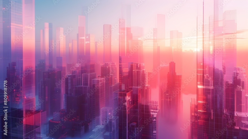 Radiant Futuristic Cityscape with Disc-Shaped Glass Skyscrapers Reflecting Vibrant Sunrise Colors
