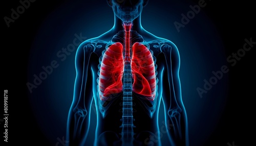 X-ray of a human thorax showing detailed medical pain anatomy of the lungs and airways Concept of respiratory health and pulmonary care