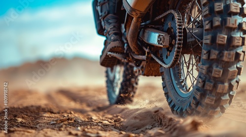 Dramatic close-up of a dirt bike tire kicking up sand in a desert setting, showcasing the thrill of off-road biking