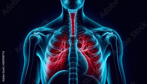 X-ray of a human thorax showing detailed medical pain anatomy of the lungs and airways Concept of respiratory health and pulmonary care