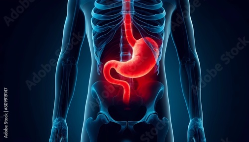 x-ray visualization of the gastrointestinal tract with highlighted stomach in red, depicting gastric issues, Concept of gastroenterology and digestive health