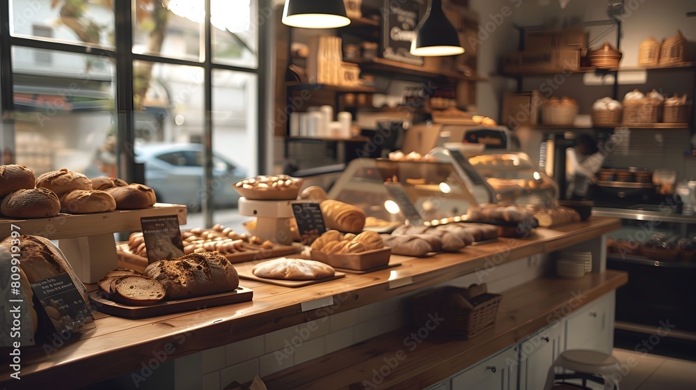 Cozy and Inviting Bakery Scene with Freshly Baked Goods on Wooden Counters Under Warm Lighting Cozy and Inviting Bakery Scene with Freshly Baked Goods on Wooden Counters Under Warm Lighting