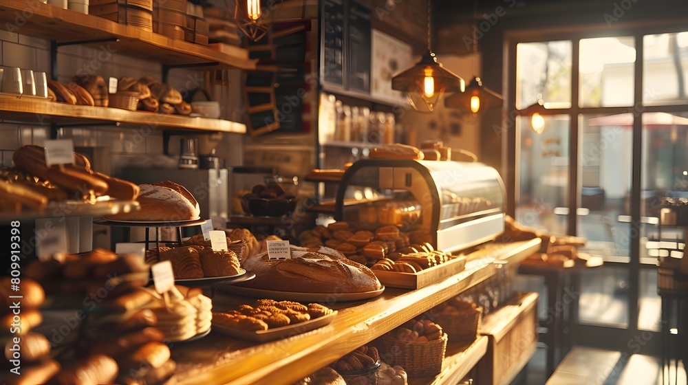 Cozy Bakery Scene with Freshly Baked Goods on Rustic Wood Shelves and Inviting Window Display Cozy Bakery Scene with Freshly Baked Goods on Rustic Wood Shelves and Inviting Window Display