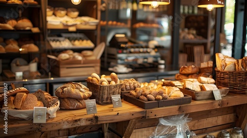 Cozy Bakery Scene with Freshly Baked Breads and Pastries on Warm Wooden Counters and Shelves