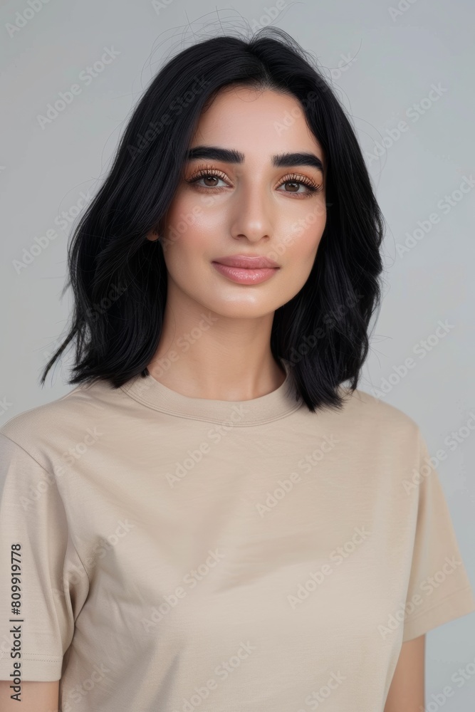 Portrait of arabic woman with black hair wearing a beige t-shirt Portrait of arabic woman with black hair wearing a beige t-shirt