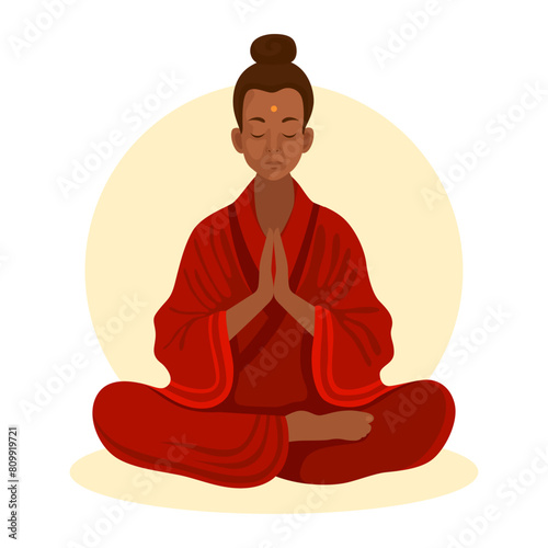 Buddhist, buddhist monk in a meditation pose. Woman in red clothes meditates. Hands folded in prayer. Concept of meditation, yoga. Character vector Illustration, white background. 
