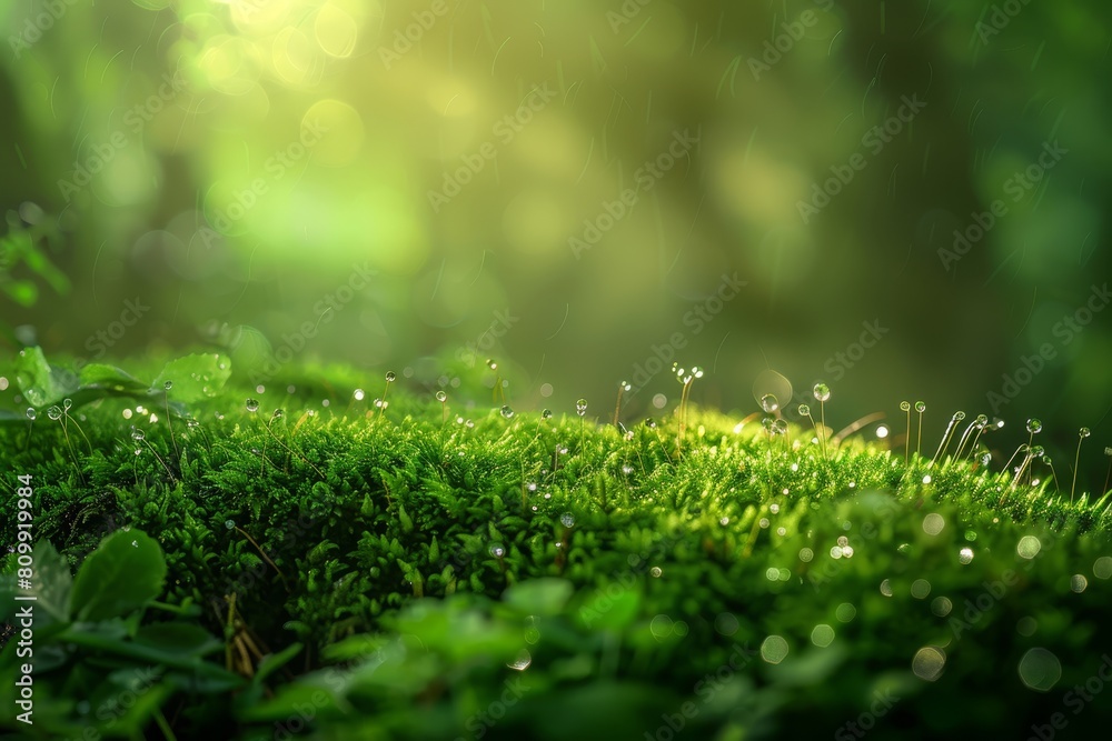 morning dew on moss along a forest trail, vibrant greens and soft lighting, ideal for a refreshing bathroom wallpaper morning dew on moss along a forest trail, vibrant greens and soft lighting, ideal for a refreshing bathroom wallpaper