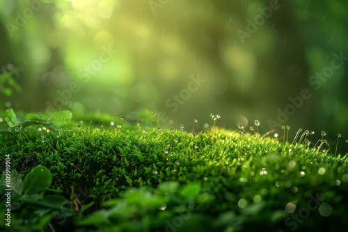 morning dew on moss along a forest trail, vibrant greens and soft lighting, ideal for a refreshing bathroom wallpaper photo