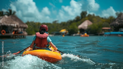 A person is riding a raft on top of a body of water, navigating the waves and enjoying the outdoor adventure.