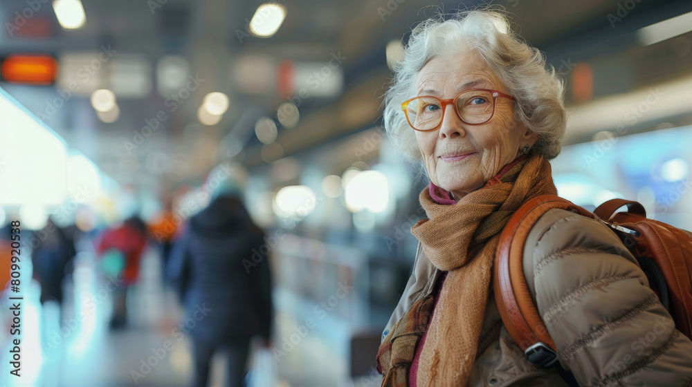Elderly woman at the airport, bus station, or train station. Independent solo travel and active life concept Elderly woman at the airport, bus station, or train station. Independent solo travel and active life concept