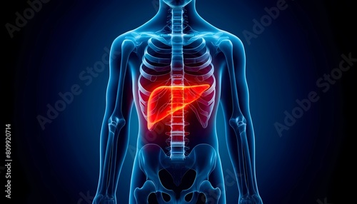 Medical x-ray image displaying liver highlighted in red showing inflammation and discomfort, Concept of gastroenterology, hepatology, and medical diagnostics