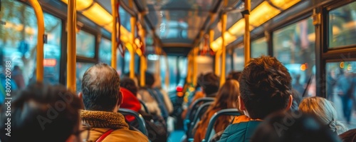 A group of diverse people ride a public bus together photo