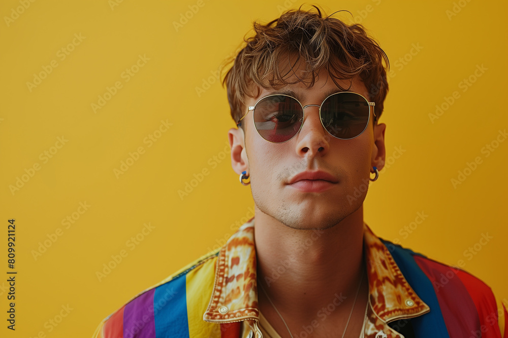 Trendy young man in sunglasses and colorful rainbow LGBT flag on yellow background. Pride concept, 3D render, illustration Trendy young man in sunglasses and colorful rainbow LGBT flag on yellow background. Pride concept, 3D render, illustration