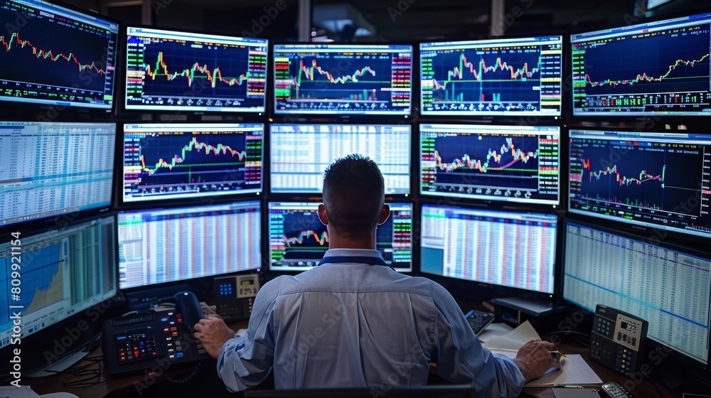 A trader monitoring stock market graphs on multiple screens, capturing the intensity and focus of financial decision-making. A trader monitoring stock market graphs on multiple screens, capturing the intensity and focus of financial decision-making.
