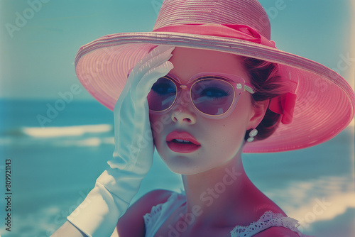 portrait of a woman in a sun hat. A woman in white gloves and an oversized hat shaped like a Marylin Monroe at the palm beach, colourful boho vintage retro style
